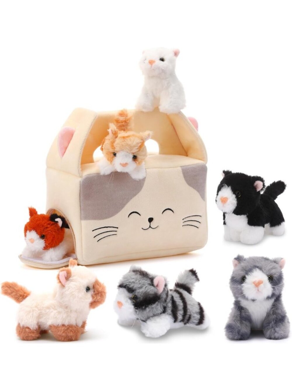 8 Pcs Plush Cat Stuffed Animals Set - Adorable Kittens & Cozy House Toy